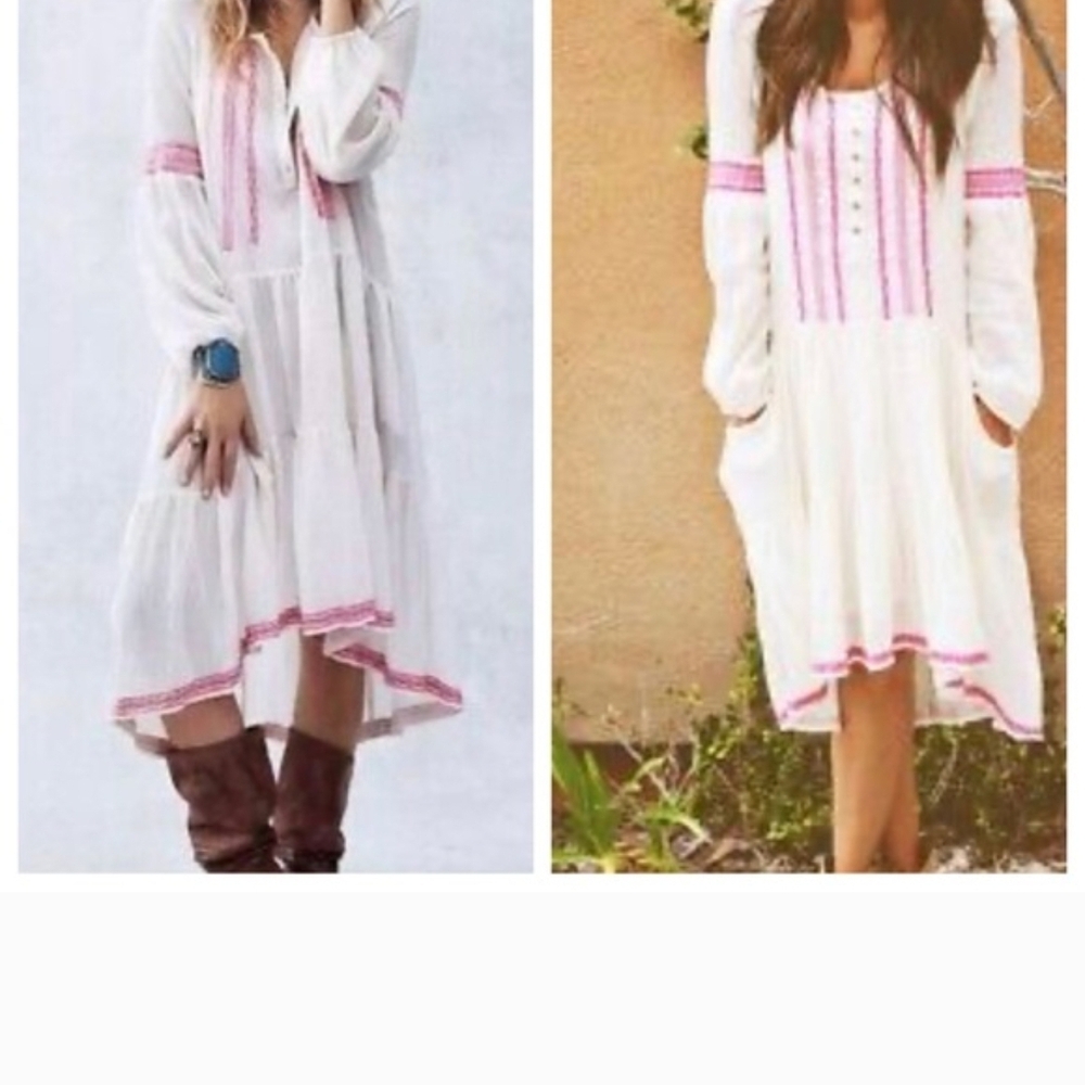 Free People White and Pink Long Sleeve Dress